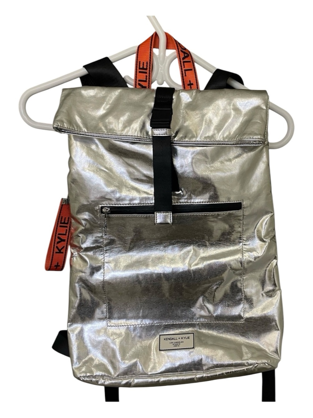 KENDALL + KYLIE Metallic Silver Rolltop Backpack - Black & Orange Accents NWOT